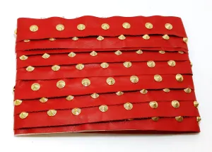 1 YD of 1-1/2" wide Genuine Cowhide Leather Trim Tape with Gold Brass Spiral Nailheads edge binding; top stitch; Fire Red Climax 3758XD9