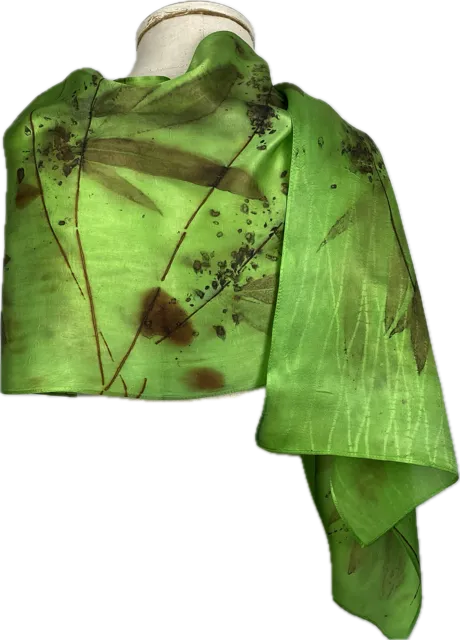 14" x 70"eco printed green silk satin scarf