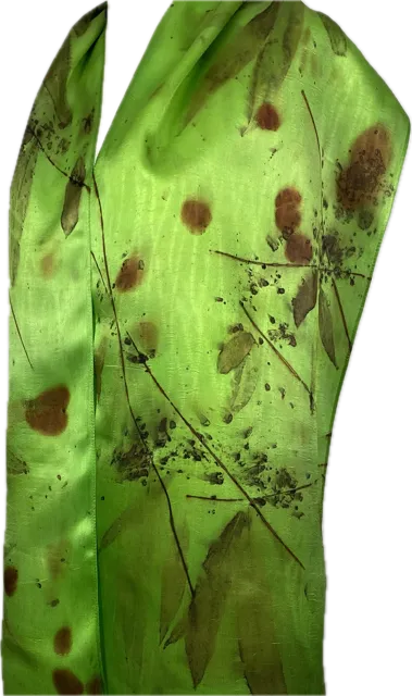 14" x 70"eco printed green silk satin scarf
