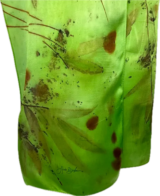 14" x 70"eco printed green silk satin scarf