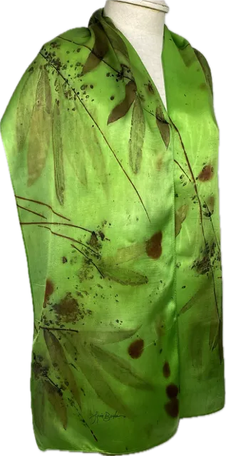 14" x 70"eco printed green silk satin scarf