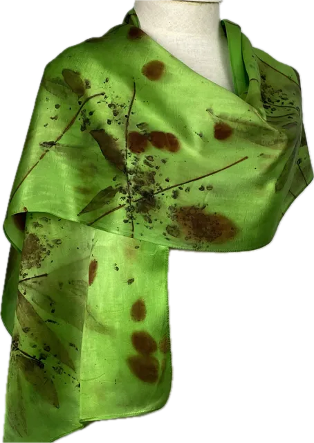 14" x 70"eco printed green silk satin scarf
