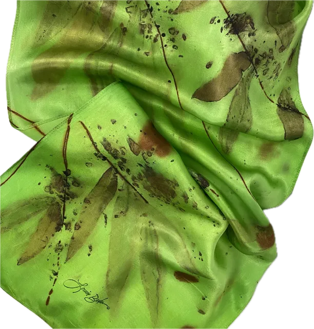 14" x 70"eco printed green silk satin scarf