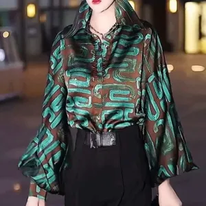 2023 Early Spring New Fashion Print POLO Collar Single Breasted Commuter Korean Version Lantern Sleeve Women's Chiffon Shirt
