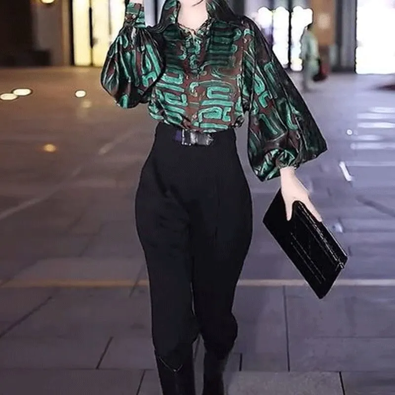 2023 Early Spring New Fashion Print POLO Collar Single Breasted Commuter Korean Version Lantern Sleeve Women's Chiffon Shirt