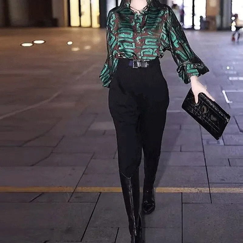 2023 Early Spring New Fashion Print POLO Collar Single Breasted Commuter Korean Version Lantern Sleeve Women's Chiffon Shirt