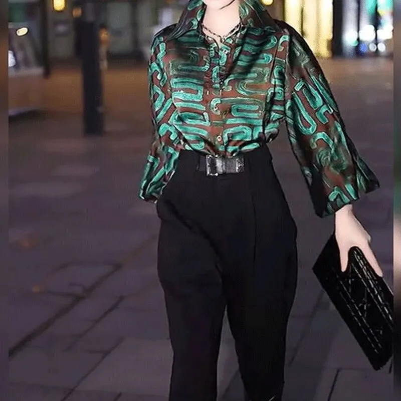 2023 Early Spring New Fashion Print POLO Collar Single Breasted Commuter Korean Version Lantern Sleeve Women's Chiffon Shirt