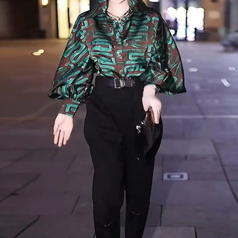 2023 Early Spring New Fashion Print POLO Collar Single Breasted Commuter Korean Version Lantern Sleeve Women's Chiffon Shirt