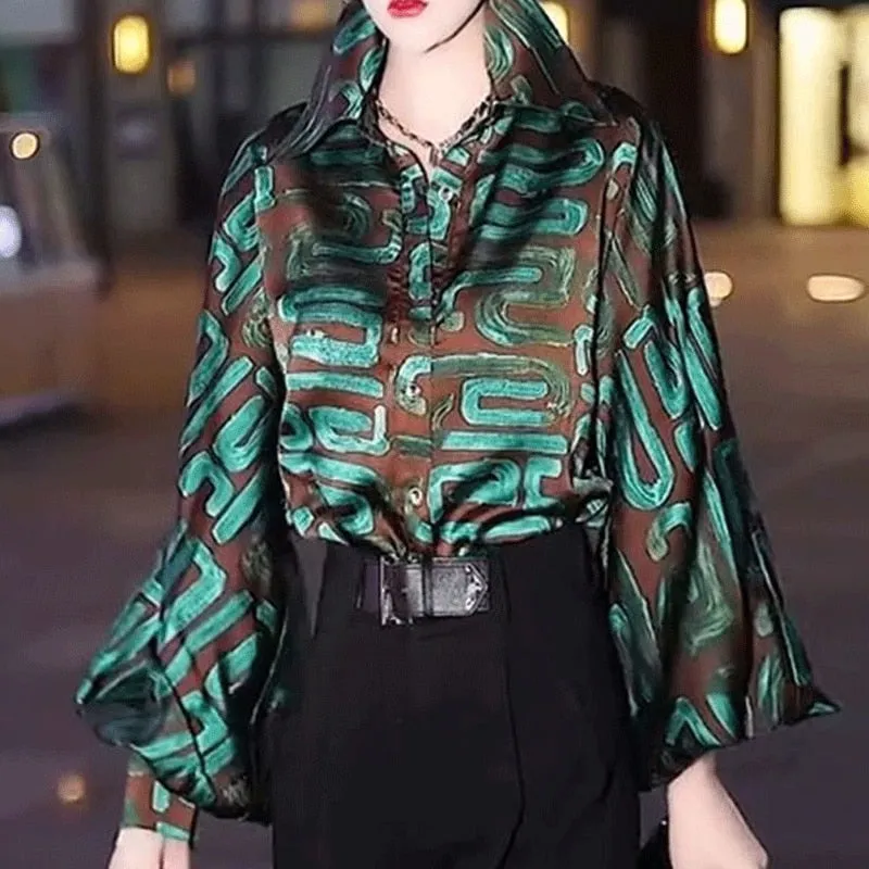 2023 Early Spring New Fashion Print POLO Collar Single Breasted Commuter Korean Version Lantern Sleeve Women's Chiffon Shirt