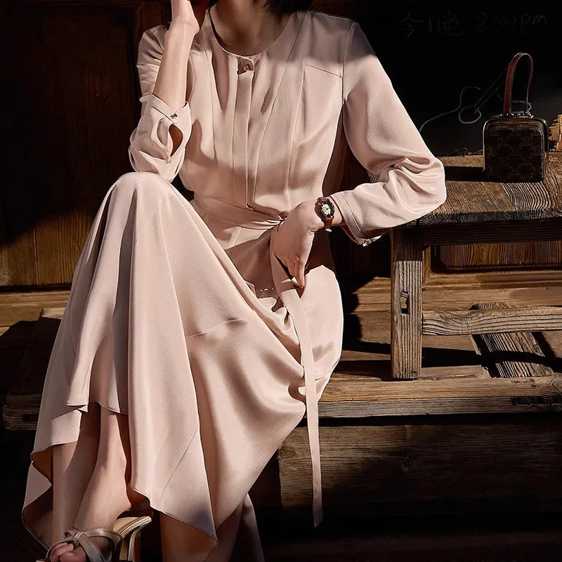 2025 Elastic satin heavy crepe mulberry silk long skirt, high-end light luxury silk dress, women's clothing summer high-end long sleeves