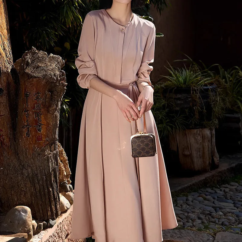 2025 Elastic satin heavy crepe mulberry silk long skirt, high-end light luxury silk dress, women's clothing summer high-end long sleeves