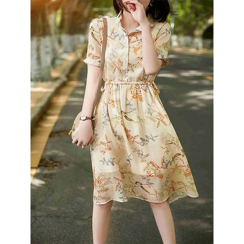 2025 High-end dress women's summer  new drawstring waist temperament elegant silk hemp short-sleeved iris skirt