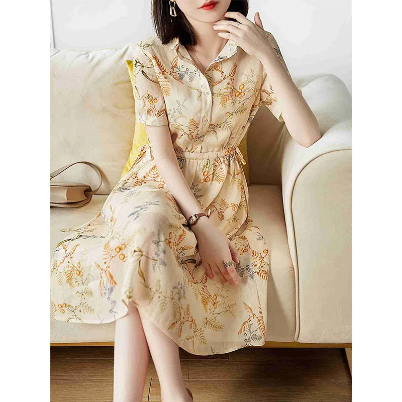 2025 High-end dress women's summer  new drawstring waist temperament elegant silk hemp short-sleeved iris skirt