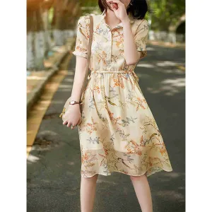 2025 High-end dress women's summer  new drawstring waist temperament elegant silk hemp short-sleeved iris skirt