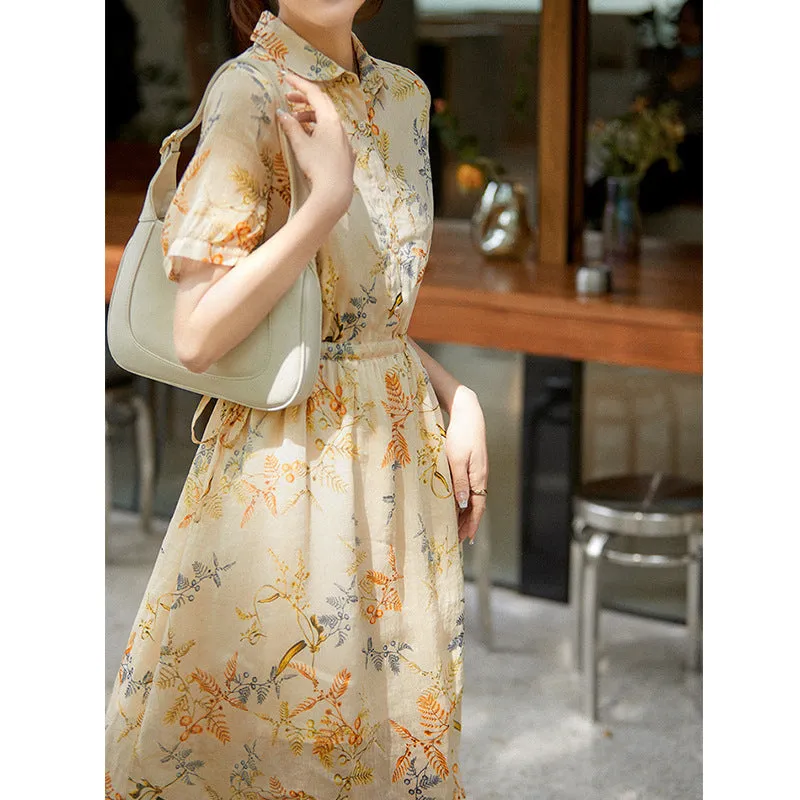 2025 High-end dress women's summer  new drawstring waist temperament elegant silk hemp short-sleeved iris skirt