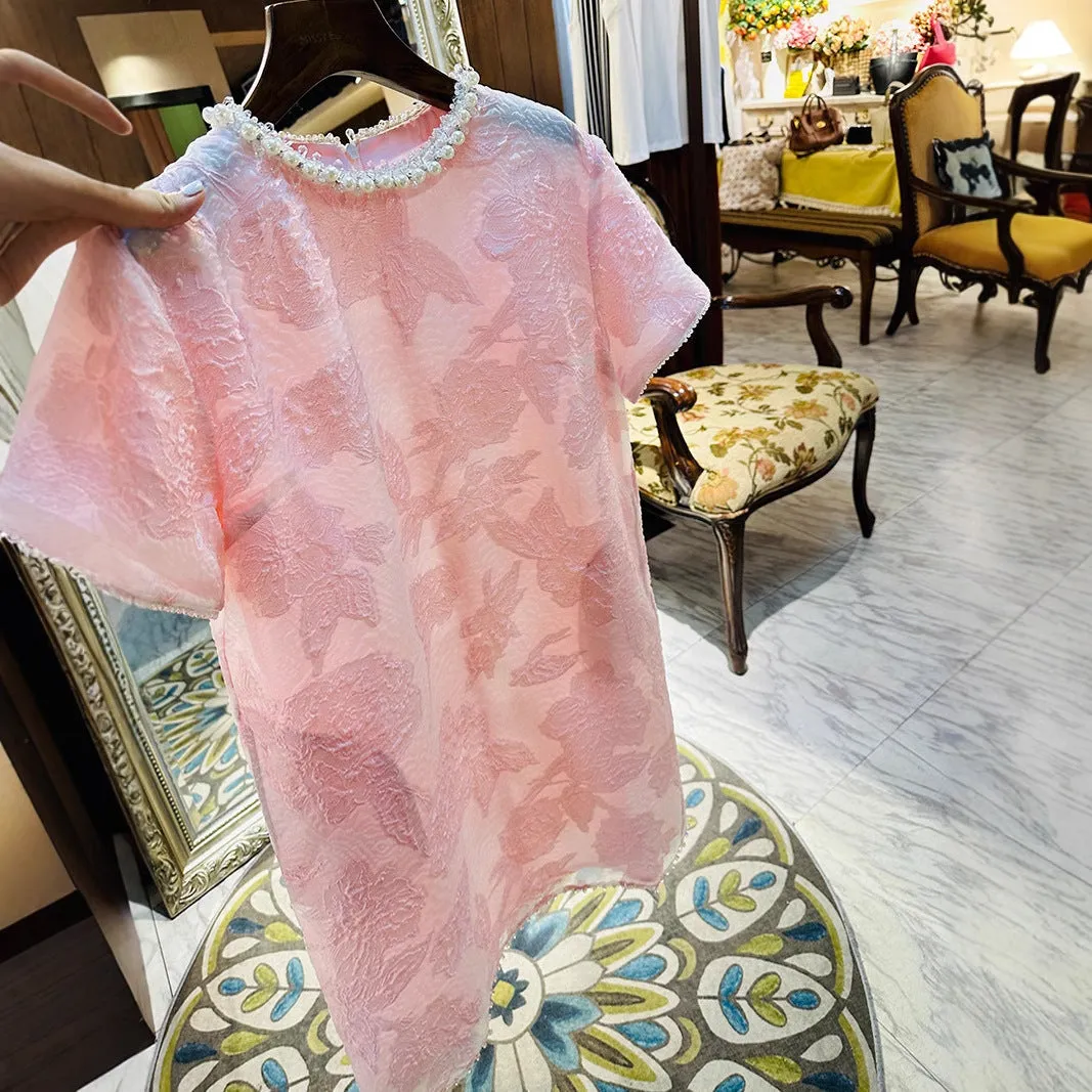 2025 Super beautiful luxury bead collar, cherry pink silk jacquard organza dress