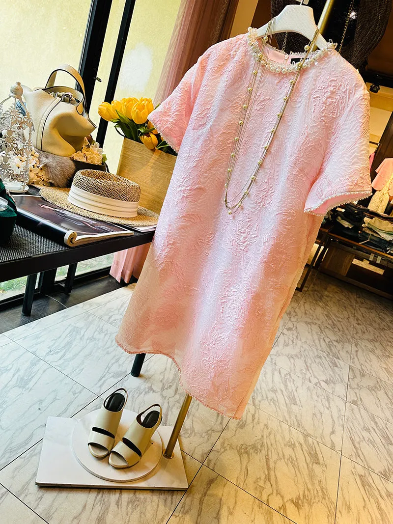 2025 Super beautiful luxury bead collar, cherry pink silk jacquard organza dress