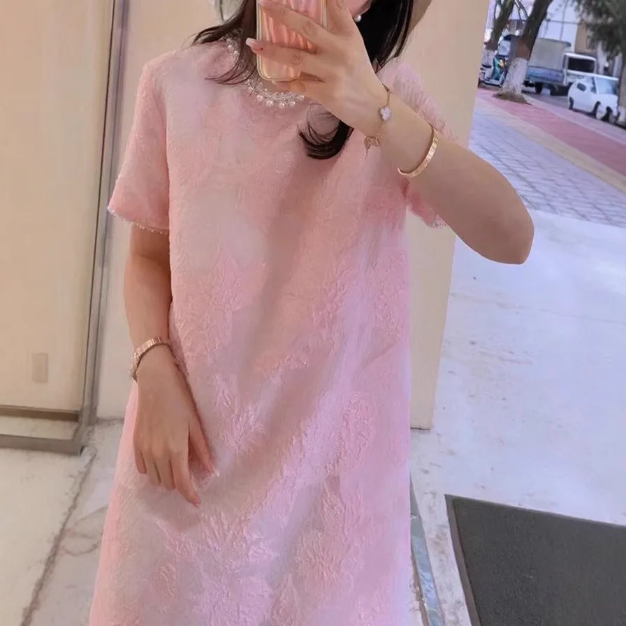 2025 Super beautiful luxury bead collar, cherry pink silk jacquard organza dress