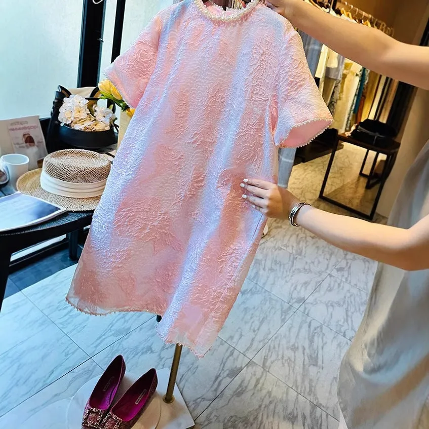 2025 Super beautiful luxury bead collar, cherry pink silk jacquard organza dress