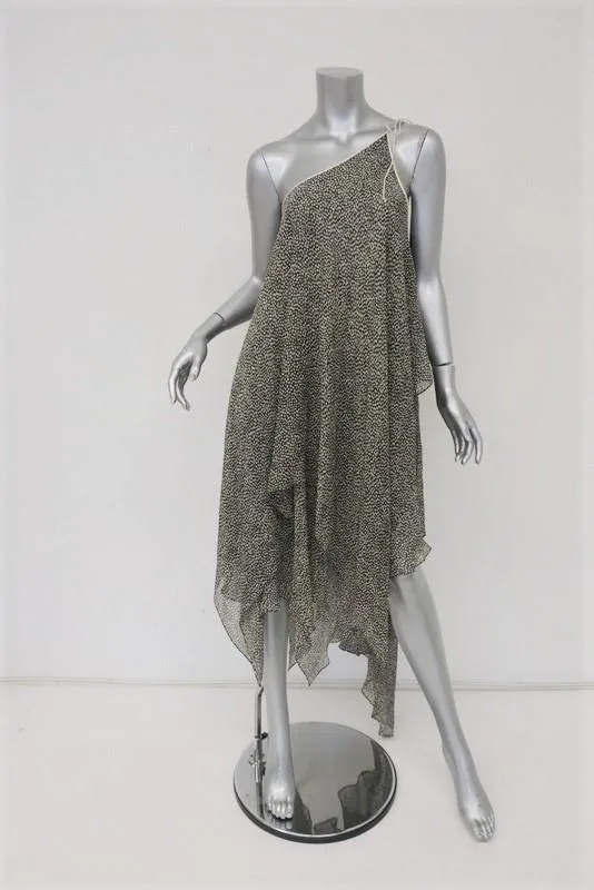 3.1 Phillip Lim One Shoulder Dress Black/Cream Printed Silk Chiffon Size 0