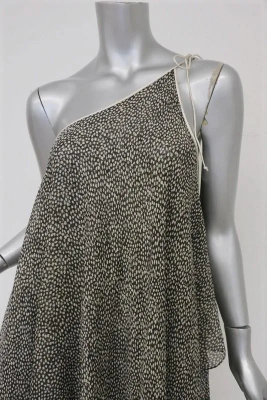 3.1 Phillip Lim One Shoulder Dress Black/Cream Printed Silk Chiffon Size 0