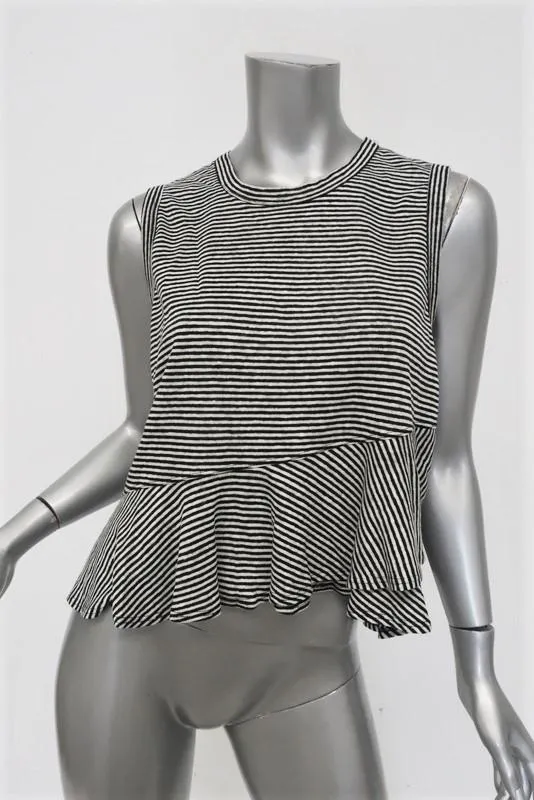 A.L.C. Tank Braxton Black/White Striped Linen Size Small Sleeveless Ruffle Top