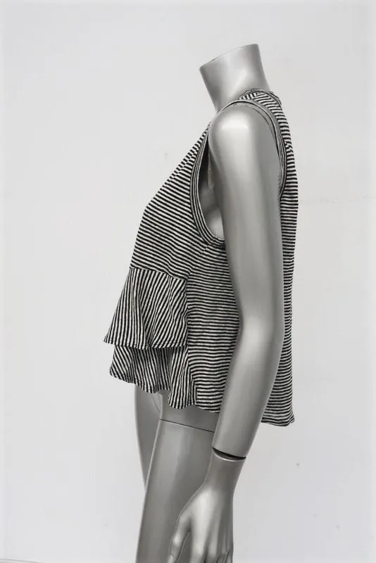 A.L.C. Tank Braxton Black/White Striped Linen Size Small Sleeveless Ruffle Top