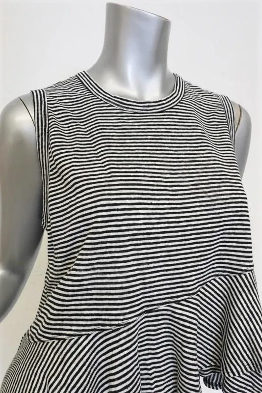 A.L.C. Tank Braxton Black/White Striped Linen Size Small Sleeveless Ruffle Top