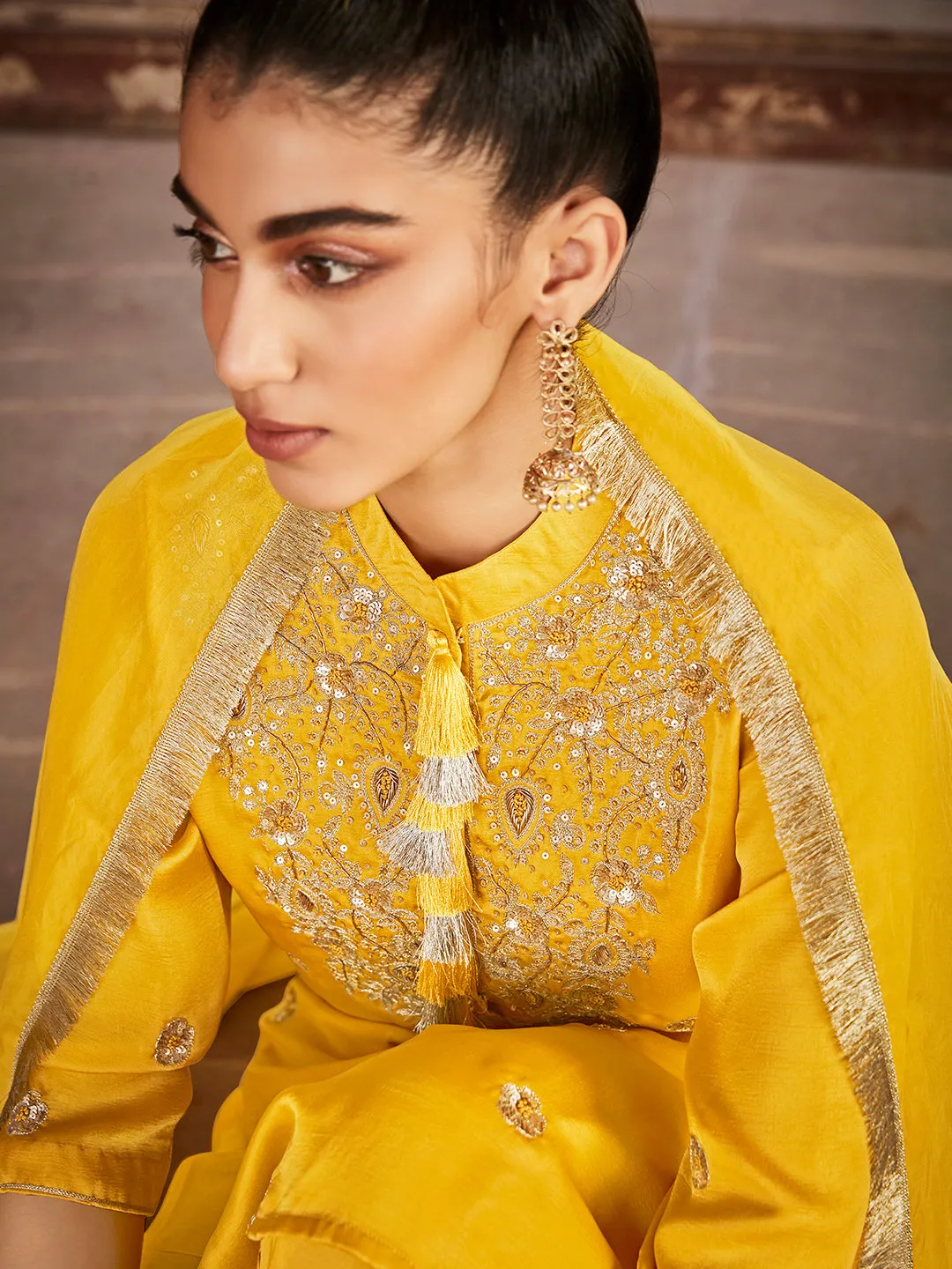 Amaiva Yellow Solid Zardozi Embroidered Solid Kurta With Sharara & Dupatta