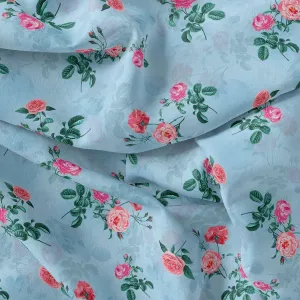 Aspen Green Leaf With Pink Rose Digital Printed Fabric