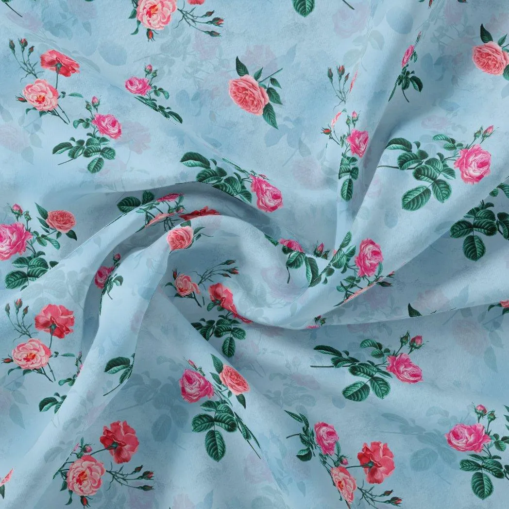Aspen Green Leaf With Pink Rose Digital Printed Fabric