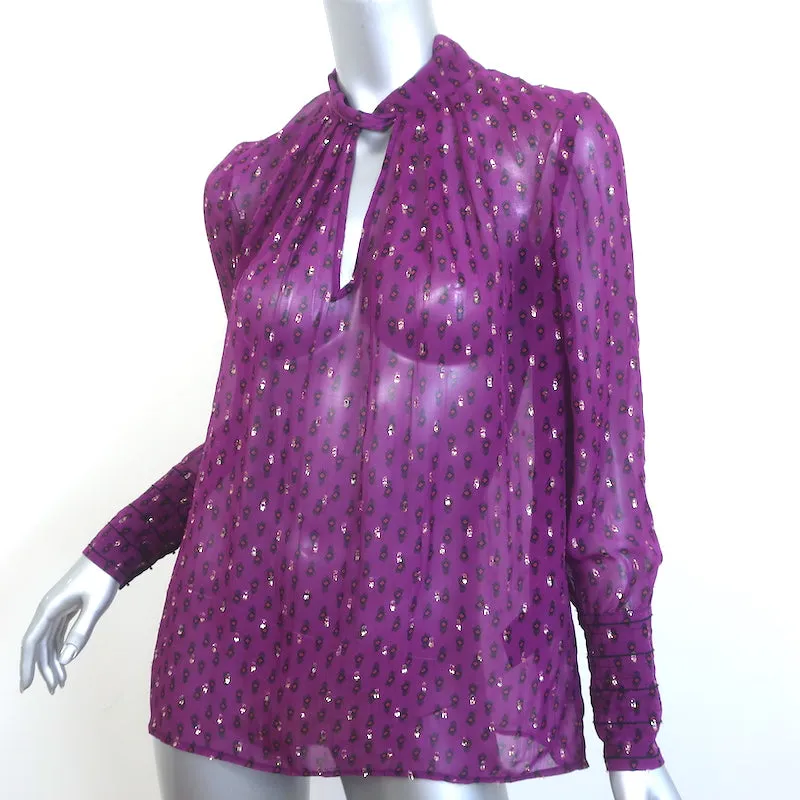 Ba&sh Cabri Blouse Violet Printed Metallic Fil Coupe Chiffon Size Extra Small