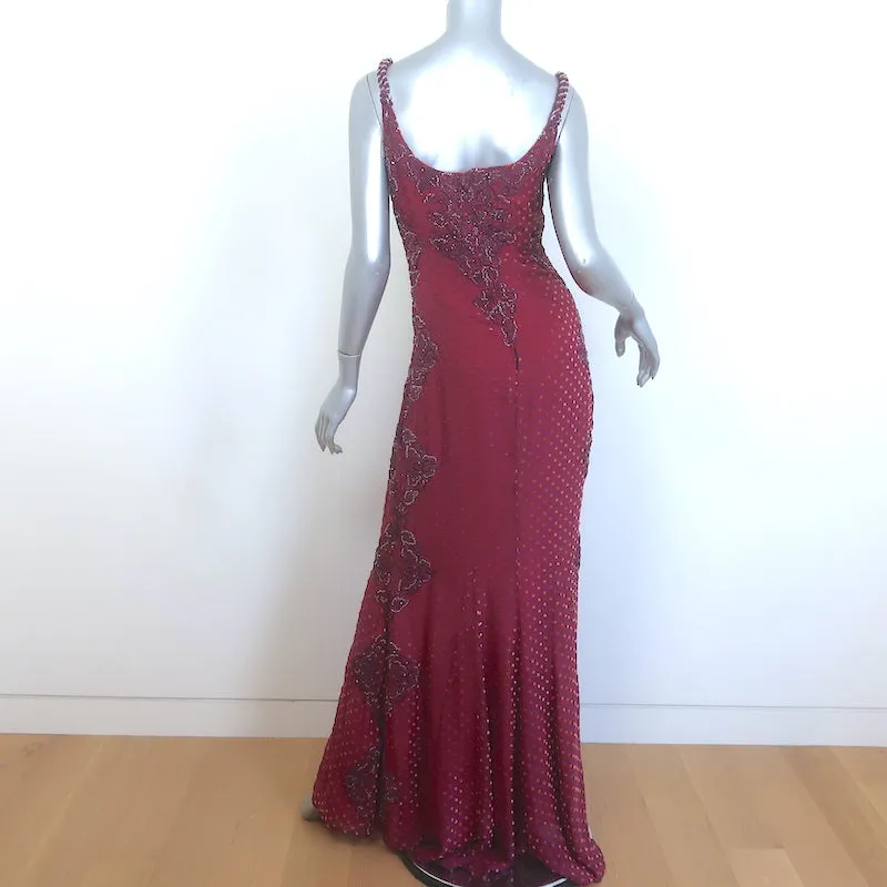 Badgley Mischka Beaded Polka Dot Gown Merlot Size 4 Sleeveless Maxi Dress
