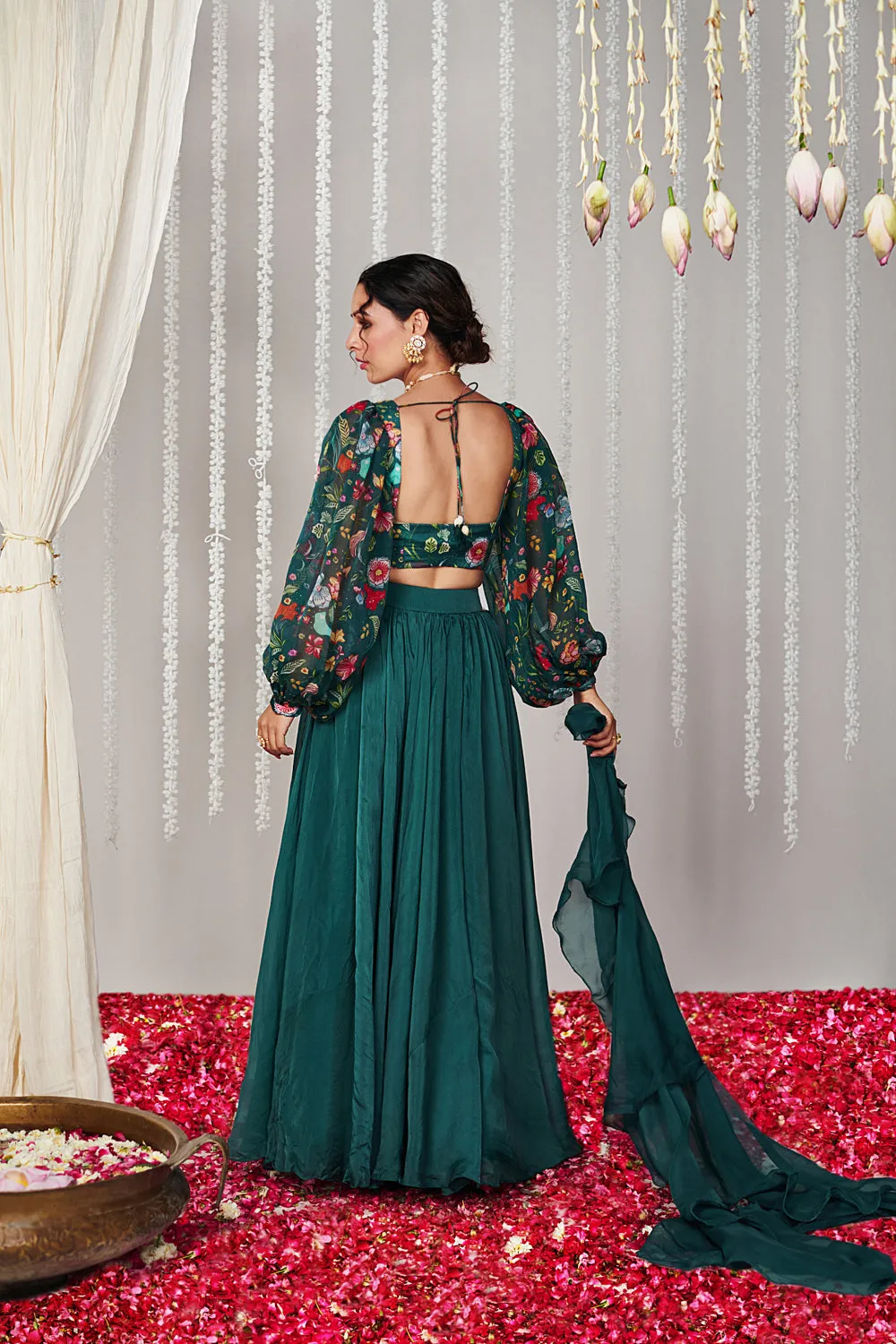 Bagicha Botanical Green Solid Lehenga Set Of 3