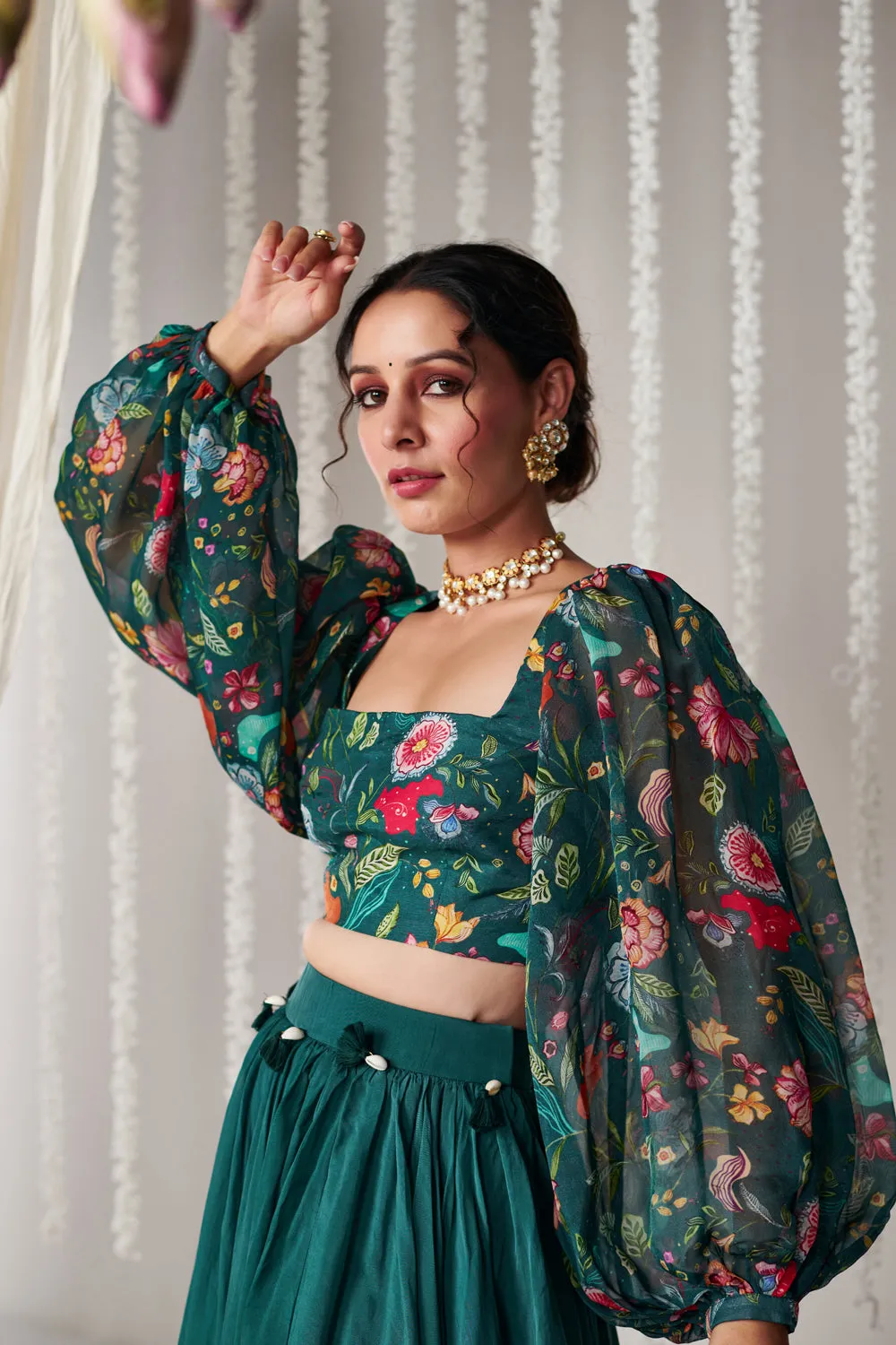 Bagicha Botanical Green Solid Lehenga Set Of 3