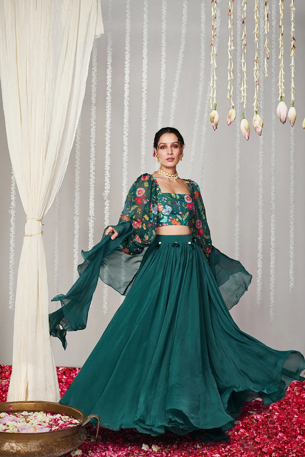 Bagicha Botanical Green Solid Lehenga Set Of 3