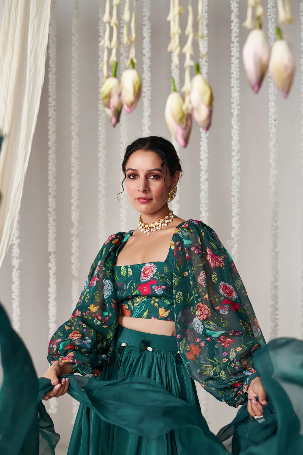 Bagicha Botanical Green Solid Lehenga Set Of 3