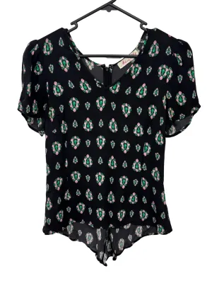 Black, Pink & Green Print Short Sleeve V Neck Top