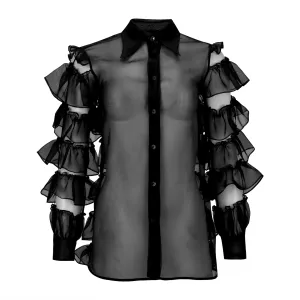 Black Ruffled Silk Organza Shirt