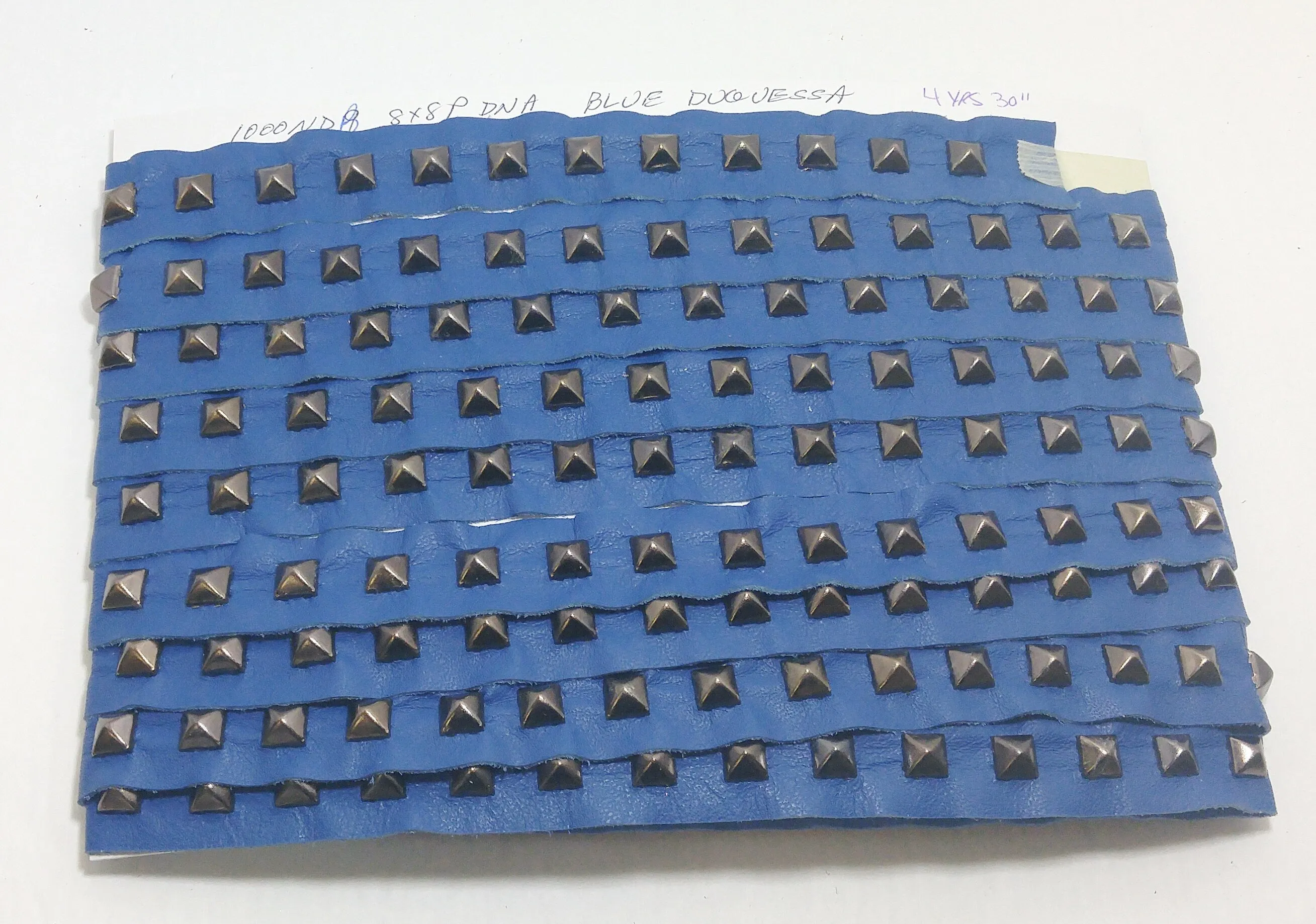 Blue Leather Tape 1 YD of 1" wide Genuine Cowhide Leather Trim with Square Pyramid Nailhead Accent; edge binding; Blue Duquessa 3725XD9