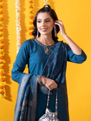 Blue Organza Silk Suit Set with Bandhani Dupatta - Zola