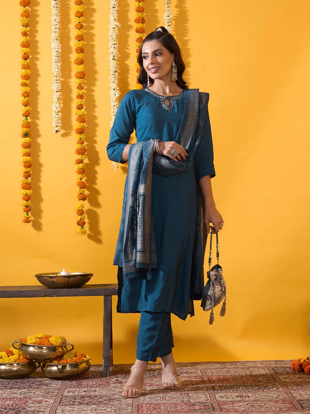 Blue Organza Silk Suit Set with Bandhani Dupatta - Zola