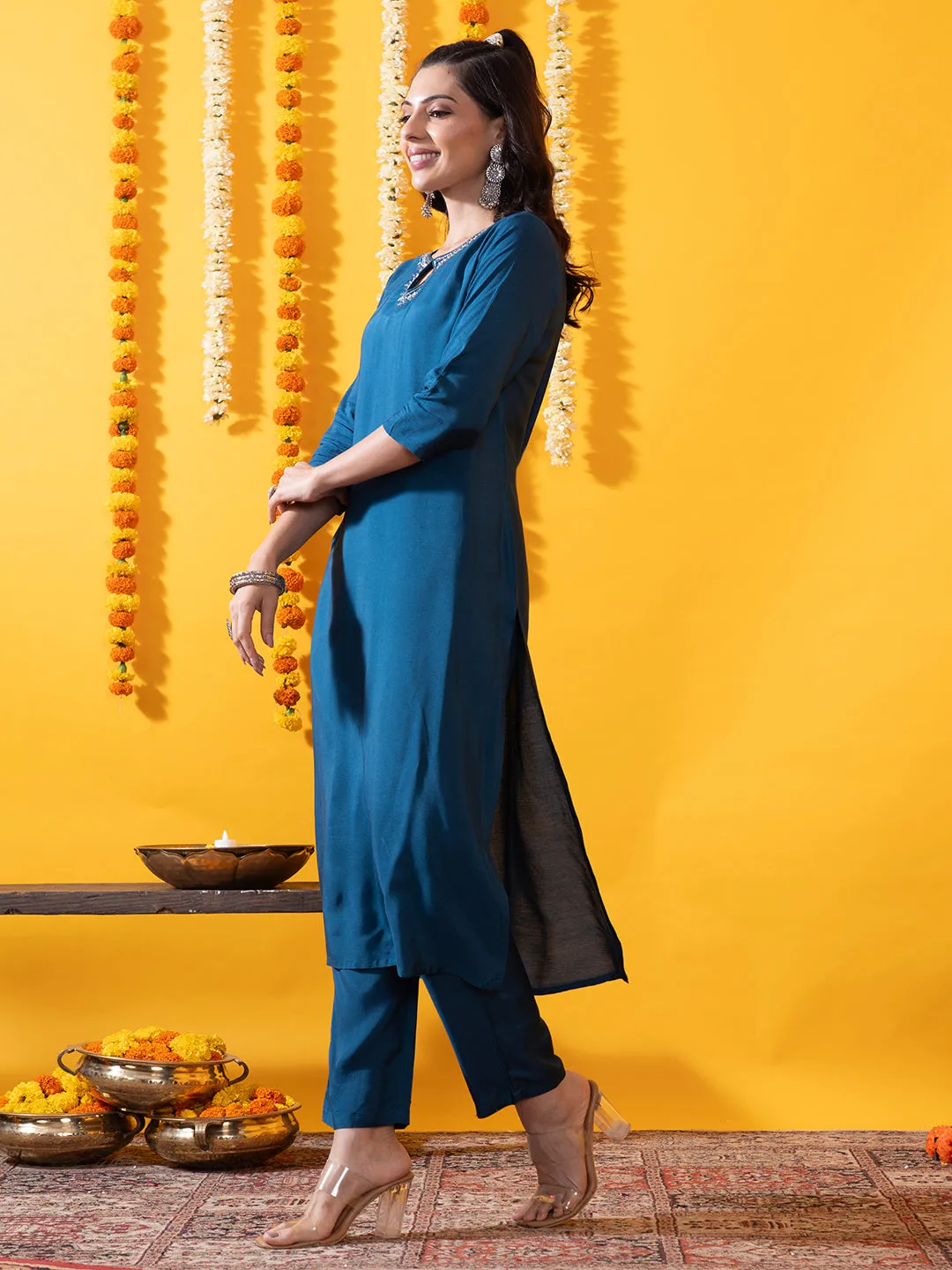 Blue Organza Silk Suit Set with Bandhani Dupatta - Zola