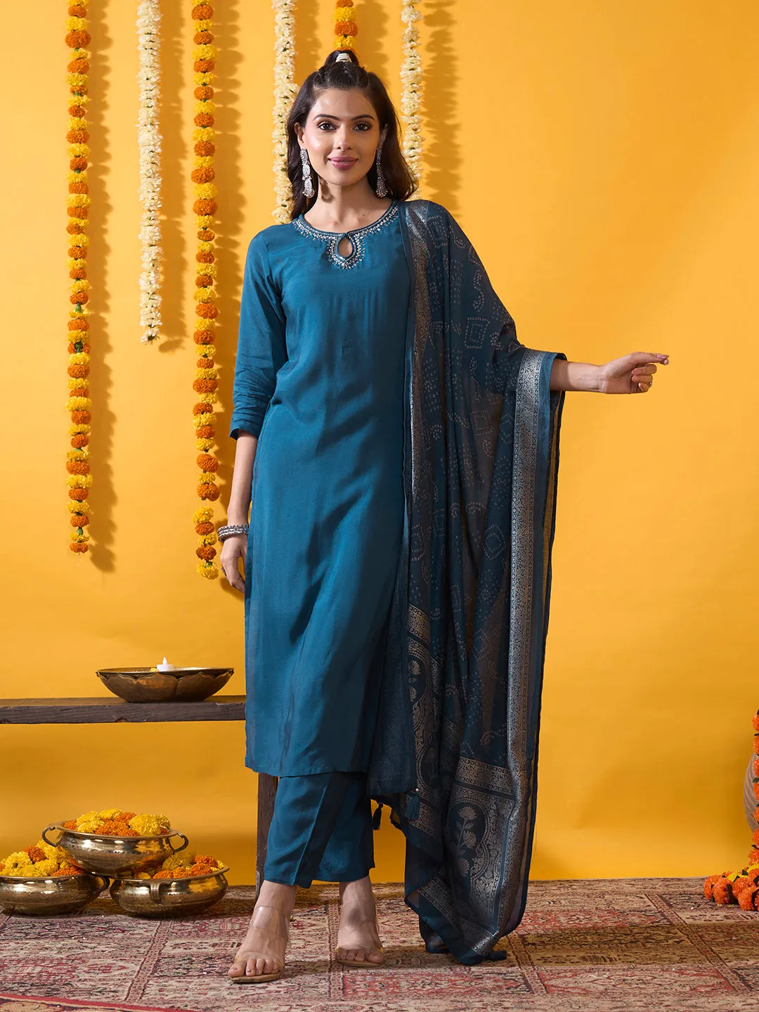 Blue Organza Silk Suit Set with Bandhani Dupatta - Zola