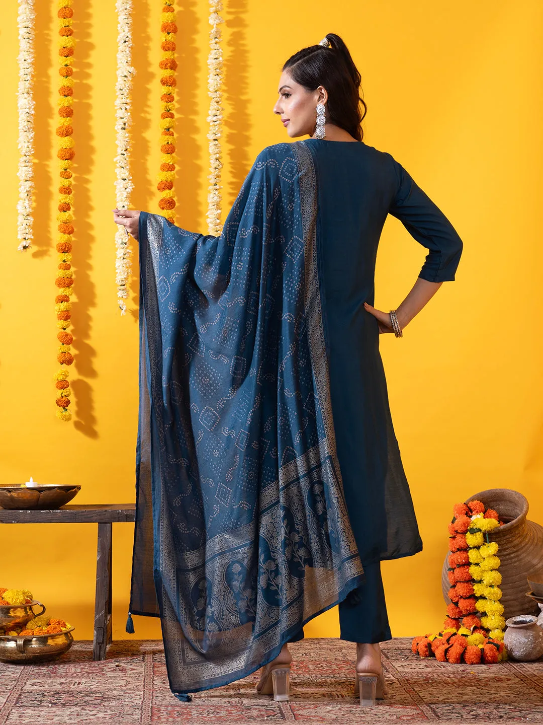 Blue Organza Silk Suit Set with Bandhani Dupatta - Zola