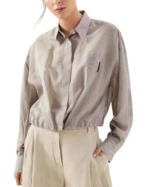 Brown Organza Stripe Cropped Shirt