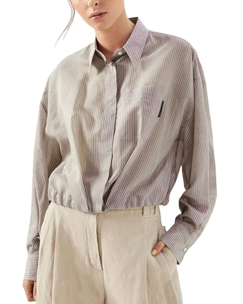 Brown Organza Stripe Cropped Shirt