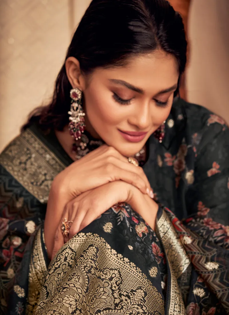 Charcoal Black Printed Viscose Jacquard Salwar Kameez