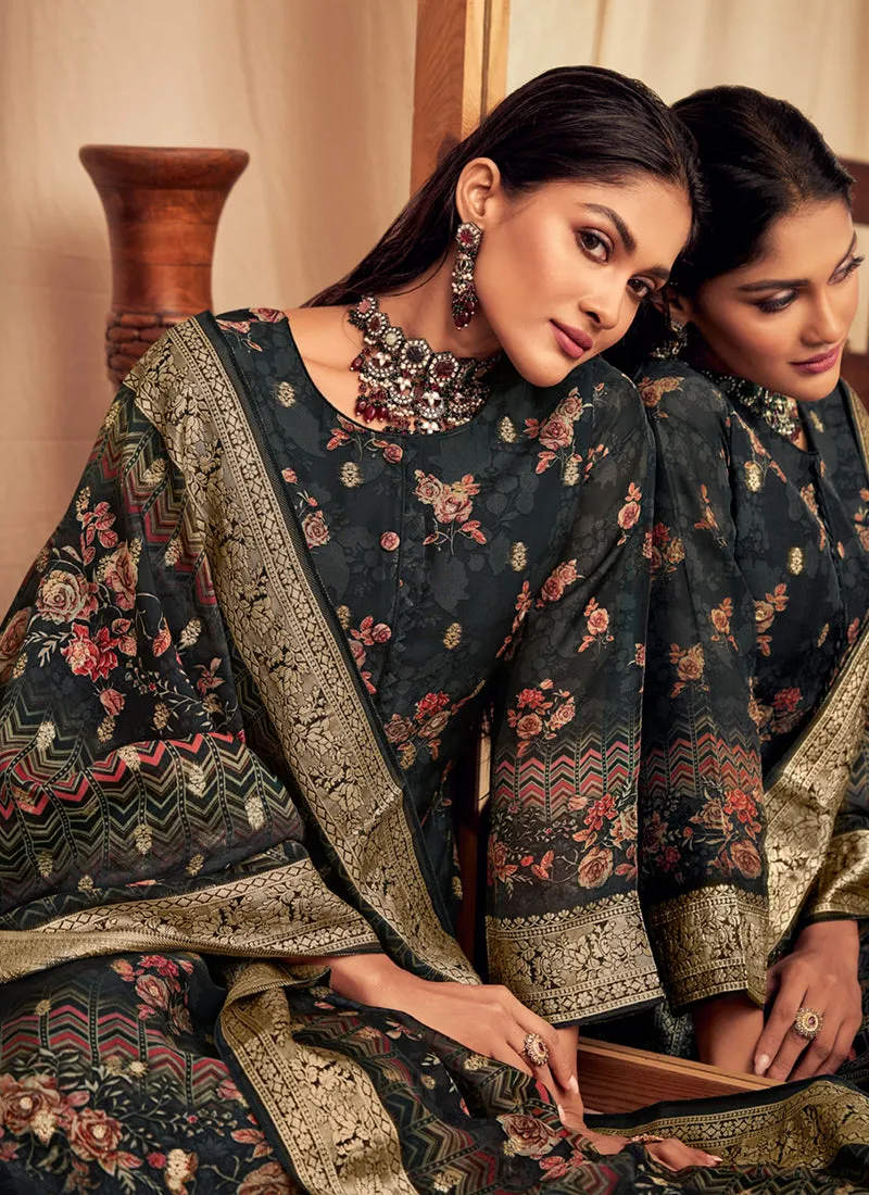 Charcoal Black Printed Viscose Jacquard Salwar Kameez