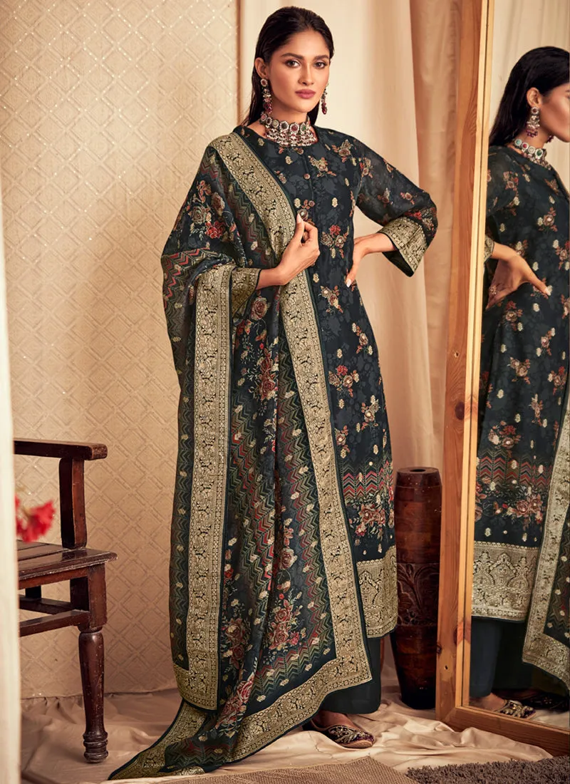 Charcoal Black Printed Viscose Jacquard Salwar Kameez